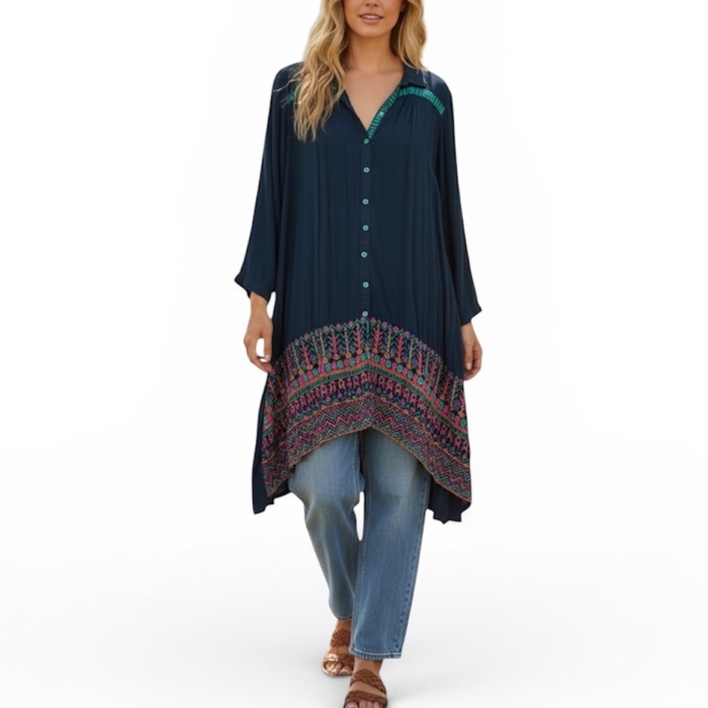 J. Origins Navy Blue Embroidered Boho Tunic Shirt High Low Roll Tab Sleeve GOOD